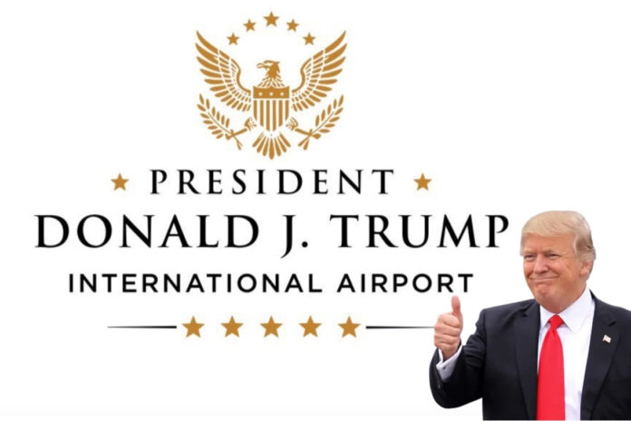 Official logo for Donald J. Trump International Airport featuring a gold eagle and black typography