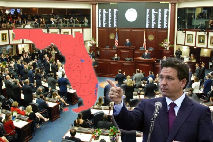 Florida Gov. Ron DeSantis speaks as lawmakers approve a new congressional redistricting map that could reshape U.S. House representation in Florida.