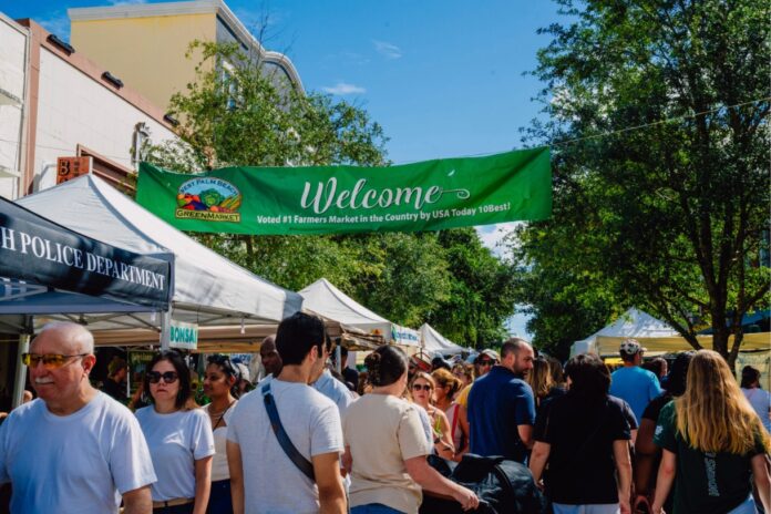 Crowds visit the West Palm Beach GreenMarket on the Great Lawn along the Intracoastal in downtown West Palm Beach.