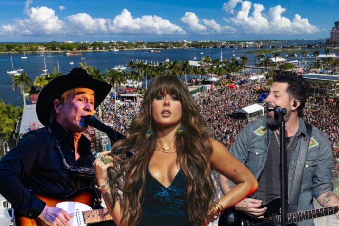 Crowd enjoying a waterfront country music festival in downtown West Palm Beach with palm trees, sunset views and a live concert stage