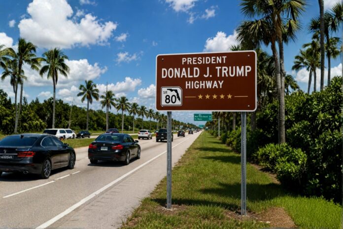 State Road 80 sign in Florida, now designated President Donald J. Trump Highway from Palm Beach County to Lee County.