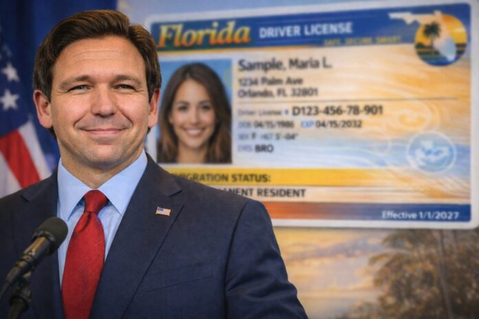 Florida Gov. Ron DeSantis standing in front of a blurred Florida driver’s license graphic.
