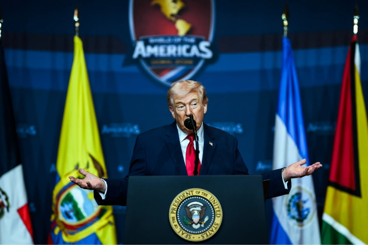 President Donald Trump speaks during the Shield of the Americas summit at Trump National Doral in Miami while announcing a new multinational anti-cartel coalition.