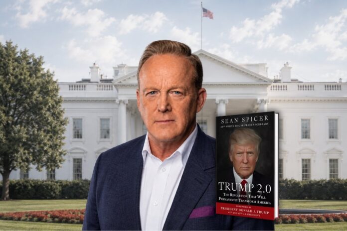 Former White House Press Secretary Sean Spicer posing in front of the White House ahead of his Palm Beach discussion of Trump 2.0