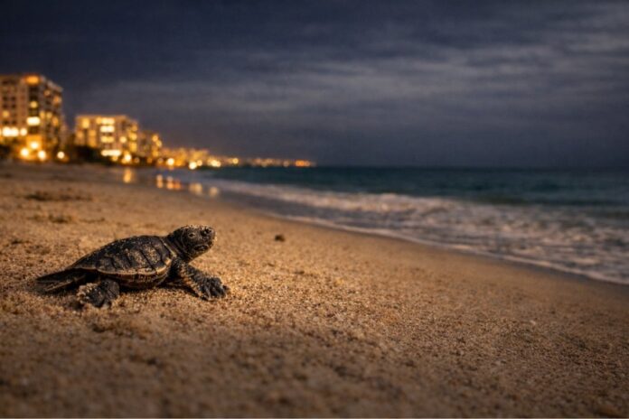 A baby sea turtle crawls across a Palm Beach shoreline at night with oceanfront lights glowing in the background during nesting season.