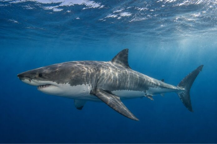 A great white shark swims just beneath the surface of the Atlantic Ocean off Palm Beach, Florida.