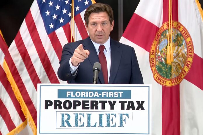 Florida Governor Ron DeSantis announces a proposal to reduce and eventually eliminate property taxes on homestead properties during an event in Tampa.