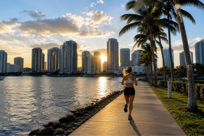 Jogger running along the West Palm Beach waterfront at sunset with palm trees, Intracoastal Waterway views, and the downtown skyline in the background.