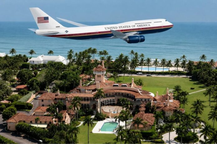 Artist rendering of the redesigned Air Force One flying over Palm Beach with a red, white, navy and gold paint scheme