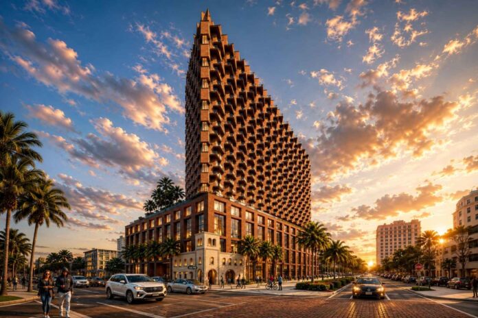 Rendering of billionaire developer Jeff Greene's proposed 25-story mass timber apartment tower in downtown West Palm Beach, which would become Florida's tallest wood-framed building and preserve the historic 1915 fire station.