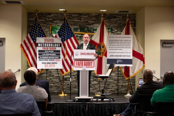 Florida Chief Financial Officer Blaise Ingoglia speaks during a news conference in Boca Raton, claiming Palm Beach County overspent by $443 million and accumulated $1.2 billion in excessive spending since 2020.