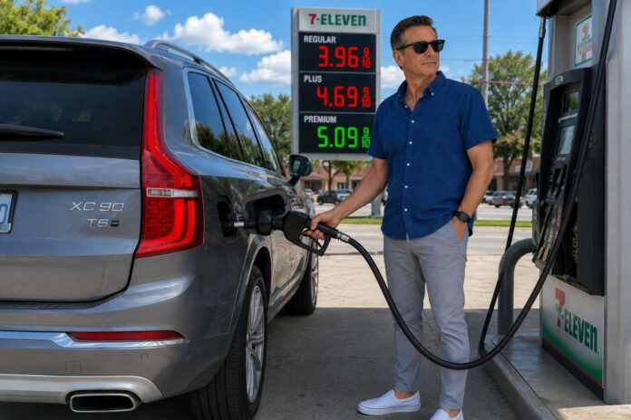 A 50-year-old man wearing sunglasses, a blue short-sleeve button-down shirt, slim gray pants and white slip-on Vans shoes pumps gas into at a 7-Eleven station,