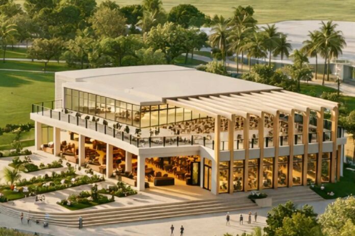 Aerial rendering of the proposed Sea Salt Beach House at Currie Park, highlighting the waterfront restaurant's location along the Intracoastal Waterway in West Palm Beach, Florida.