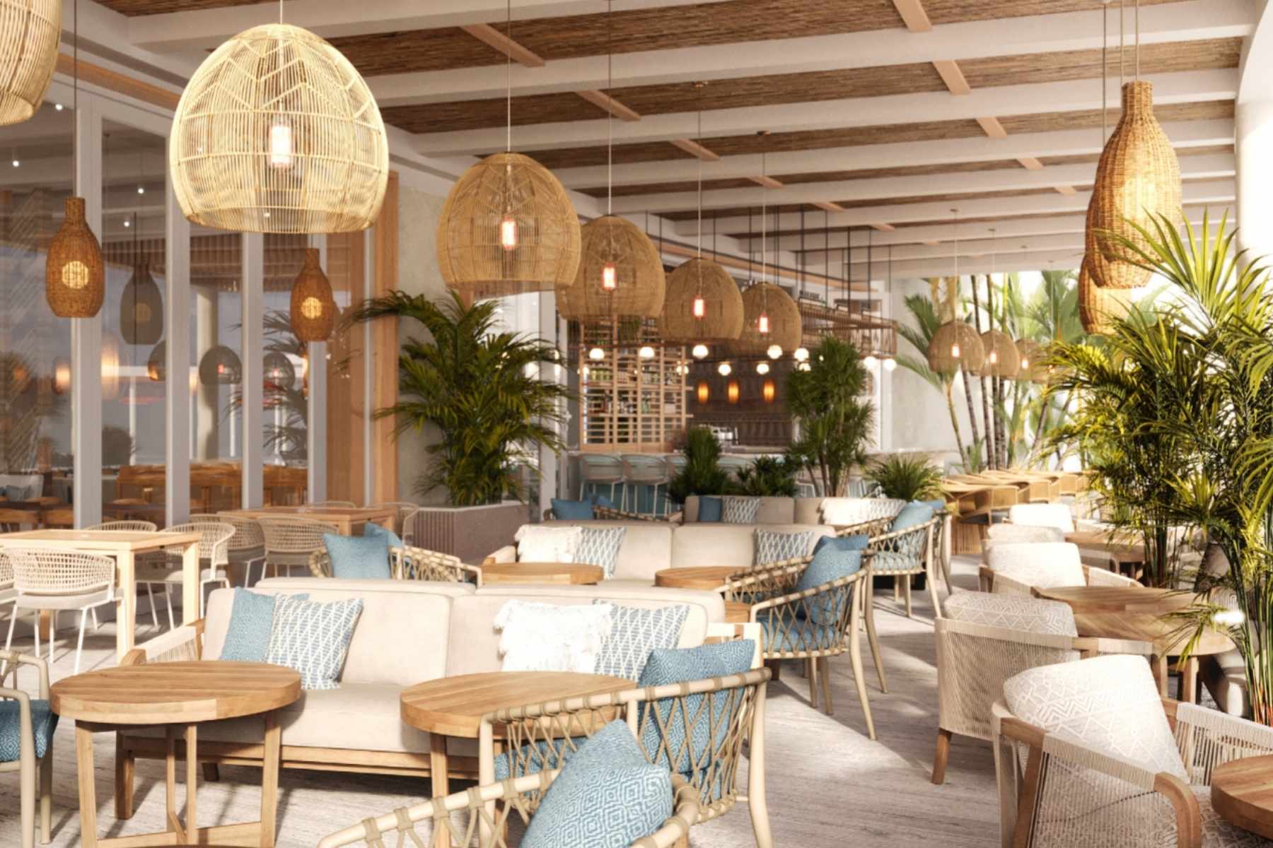 Interior rendering of Sea Salt Beach House showcasing an open-concept dining room with floor-to-ceiling windows overlooking the Intracoastal Waterway in West Palm Beach.