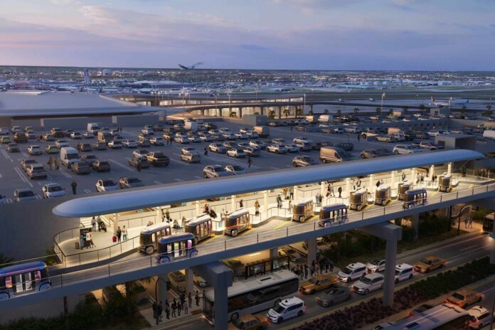 Rendering of Glydways autonomous self-driving vehicles traveling on an elevated guideway between Palm Beach International Airport and downtown West Palm Beach.
