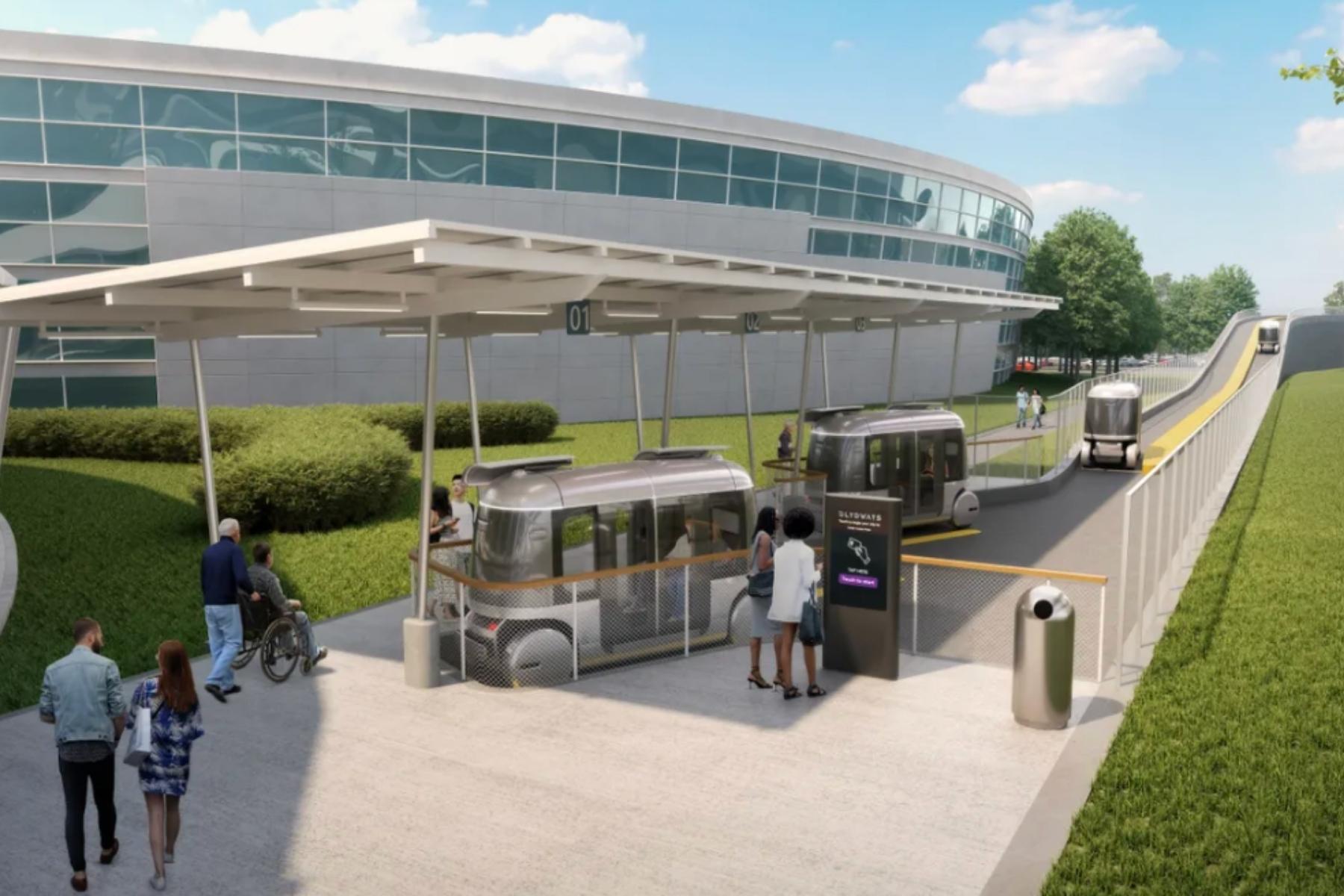 Passengers boarding a driverless Glydways vehicle at a modern station near Palm Beach International Airport.