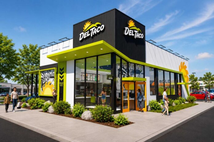 Rendering of the new Del Taco restaurant approved for Coco Plum Plaza in West Palm Beach, marking the chain's first Palm Beach County location.