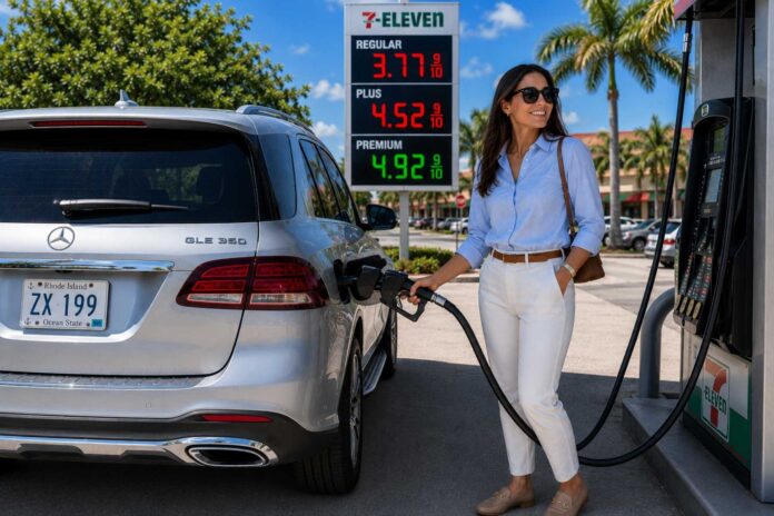 Gas pump displaying national average gasoline prices for the July 4 holiday travel weekend