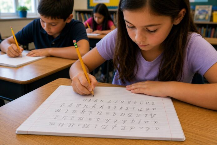 Elementary school student practicing cursive handwriting in a classroom as Florida public schools begin requiring cursive instruction for students in grades 3 through 5 under a new state law.