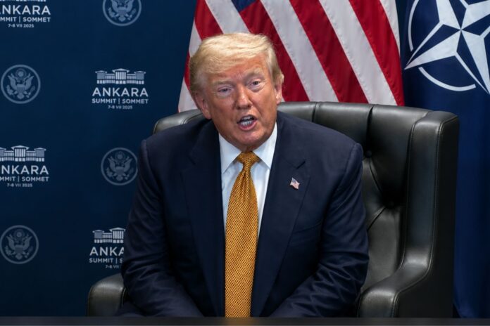 President Donald Trump speaks during the NATO Summit in Ankara after declaring the U.S.-Iran ceasefire over following American airstrikes on Iranian targets.