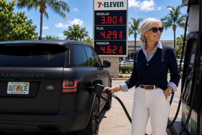 Infographic showing the U.S. national average gas price at $3.84 per gallon, with comparisons to one week ago ($3.83), one month ago ($4.16), and one year ago ($3.16).