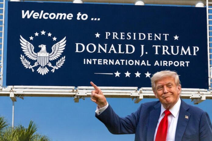 Exterior view of President Donald J. Trump International Airport in West Palm Beach, Florida, following the official renaming from Palm Beach International Airport.