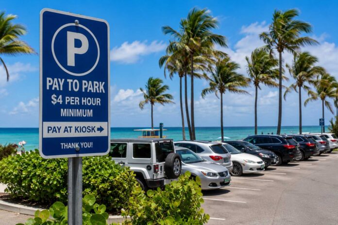 A ParkMobile pay station sign stands in a beachfront parking lot at a Palm Beach County beach as officials consider expanding paid parking to every county-operated beach park.