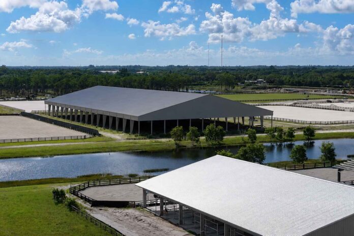 Wellington International South, the new 98-acre equestrian venue in Wellington, Florida, featuring competition arenas, grandstands, barns and landscaped grounds.
