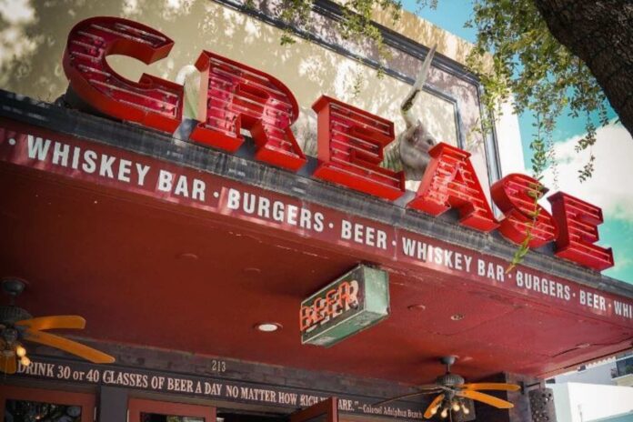 Exterior of Grease Burger Bar on Clematis Street in downtown West Palm Beach before its permanent closure after 17 years.