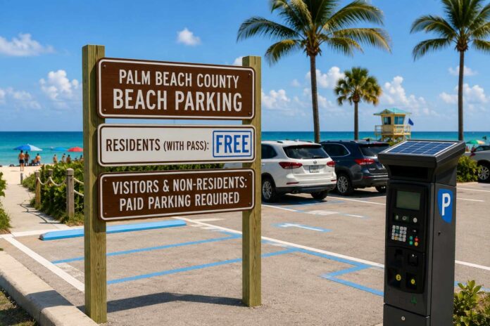 Palm Beach County beach parking sign showing free resident parking and paid parking for non-residents near an oceanfront beach access.