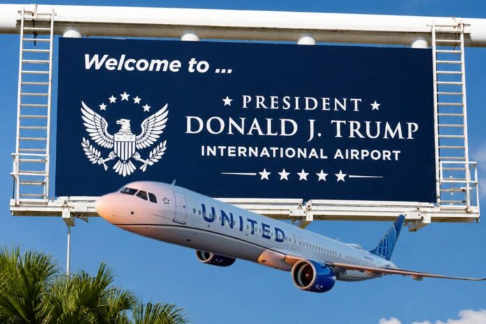 United Airlines aircraft as the airline offers some travelers free flight changes from President Donald J. Trump International Airport.