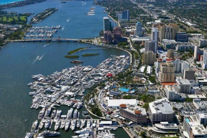 An aerial view of downtown West Palm Beach representing the Palm Beach-Fort Lauderdale-Miami metropolitan area, which has overtaken New York as one of the most expensive places to live in the United States.
