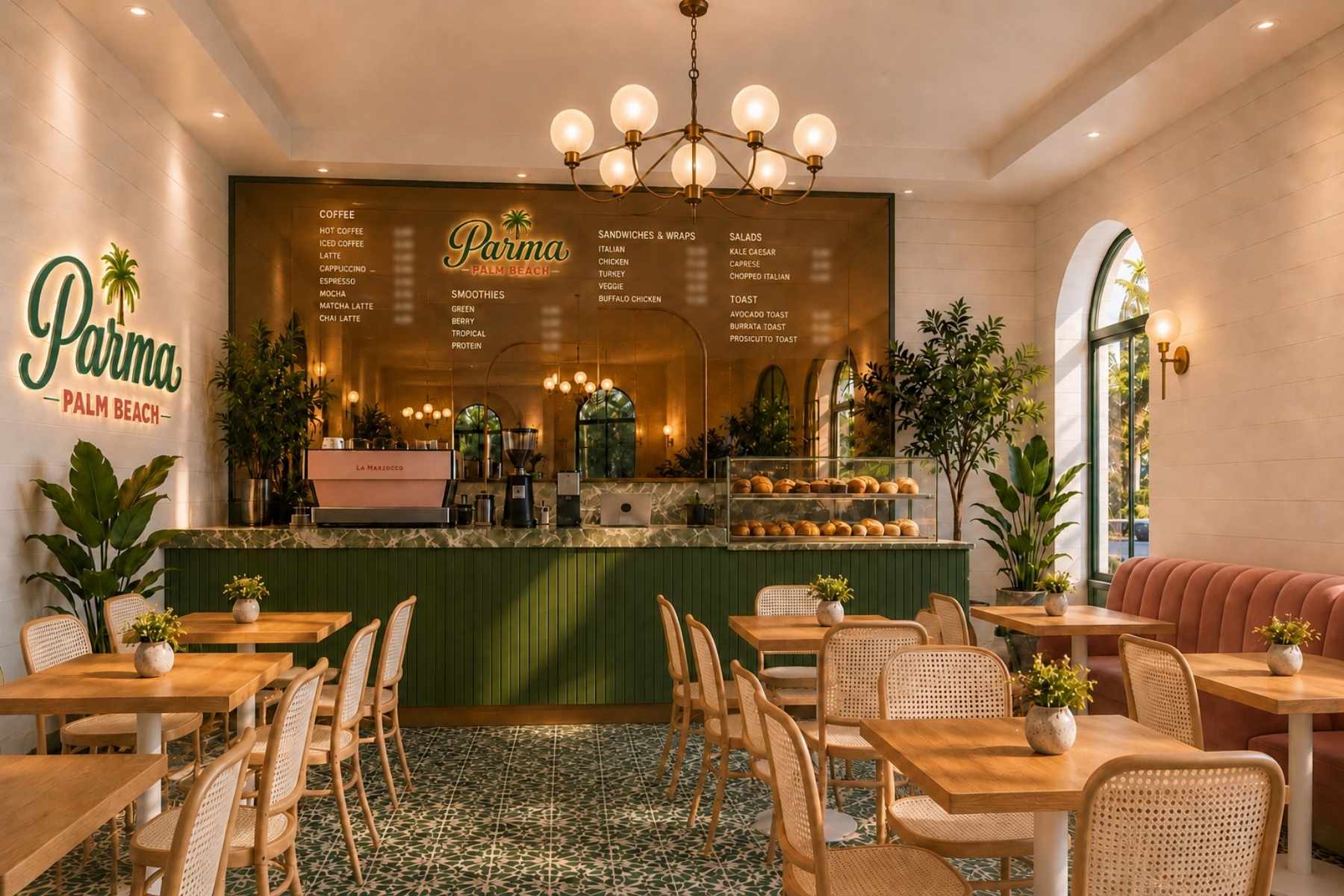 Parma Palm Beach menu featuring Italian-inspired sandwiches, wraps, salads, pastries, smoothies and coffee.