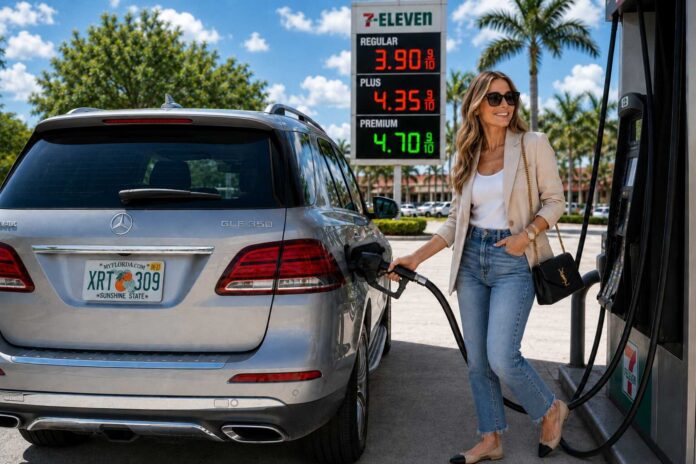 Gas station price sign displaying fuel prices as the national average for gasoline remains at $4.09 per gallon.