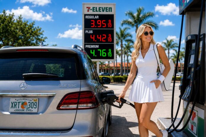 Cars refueling at a Florida gas station as gasoline prices decline in August 2026.