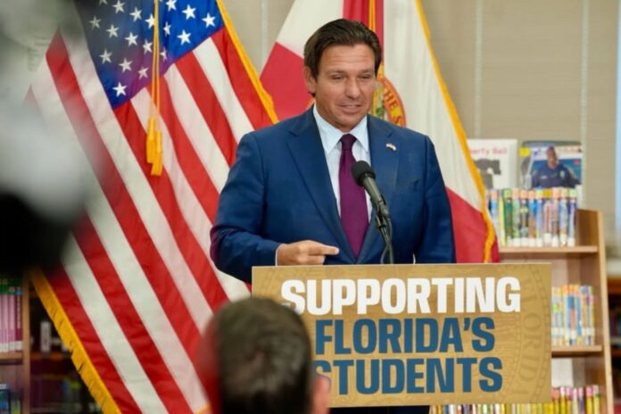 Florida Gov. Ron DeSantis speaks at a podium during an event highlighting Florida students and education as the 2026-27 school year begins.