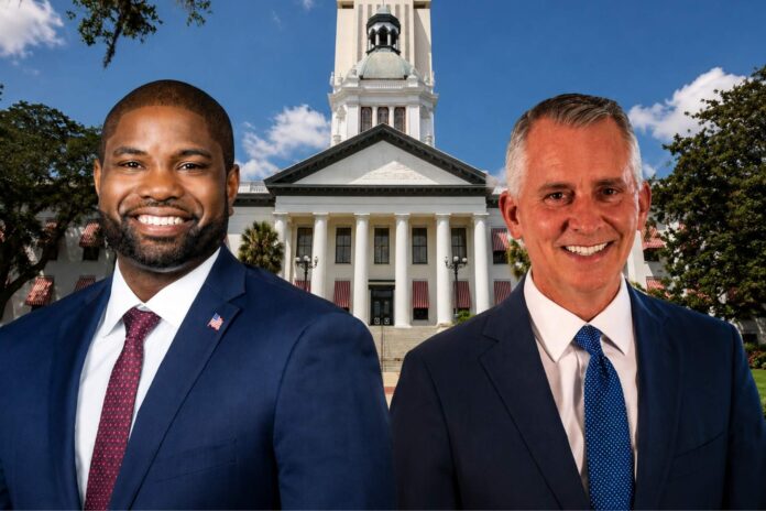 Byron Donalds and David Jolly pictured in front of the Florida State Capitol ahead of the 2026 Florida governor election.