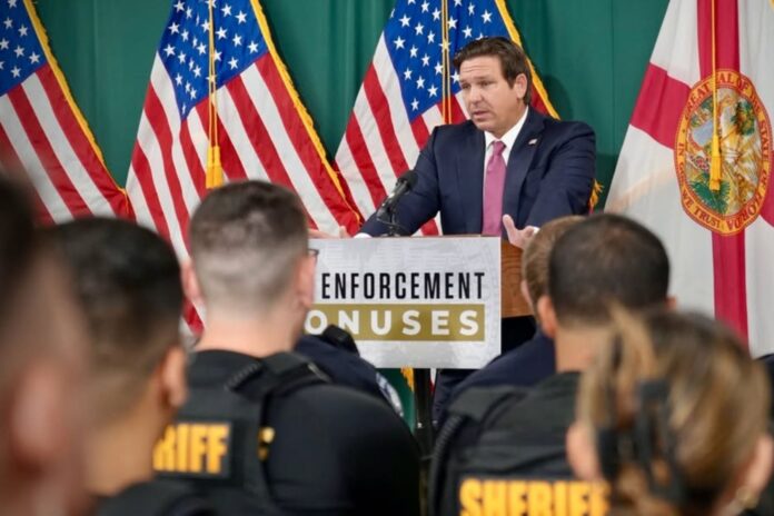 Gov. Ron DeSantis announces recruitment bonuses for new Florida law enforcement officers.