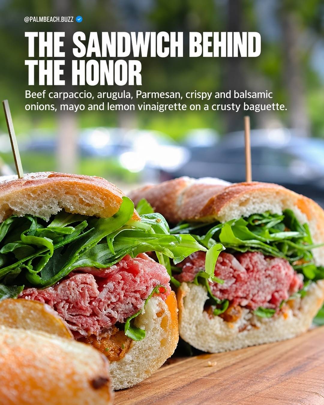 Two halves of Buccan Sandwich Shop’s beef carpaccio sandwich with arugula on a baguette.