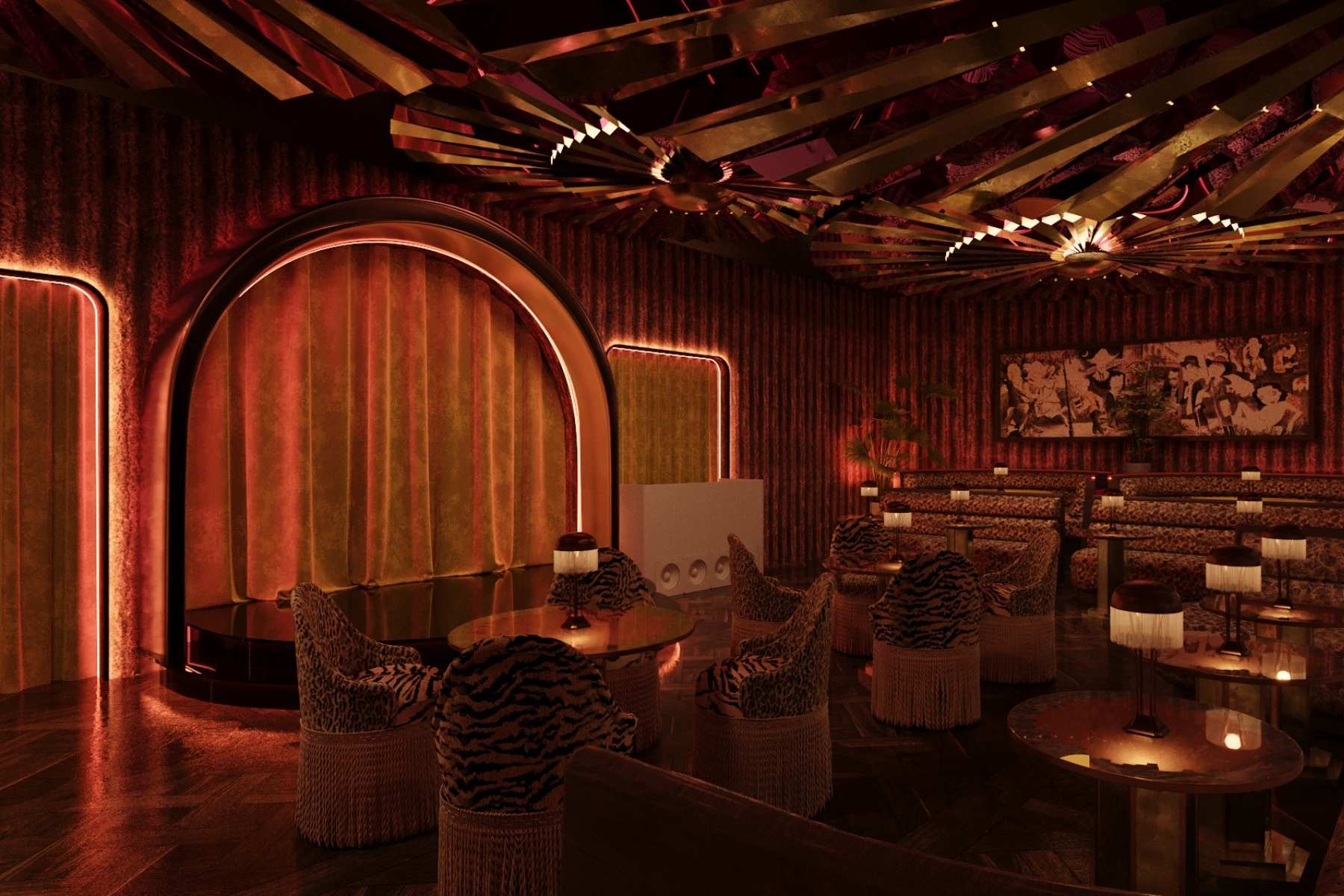 Macs 44 in West Palm Beach's Nora District, featuring a performance stage, patterned lounge seating, dramatic red lighting and gold ceiling details.