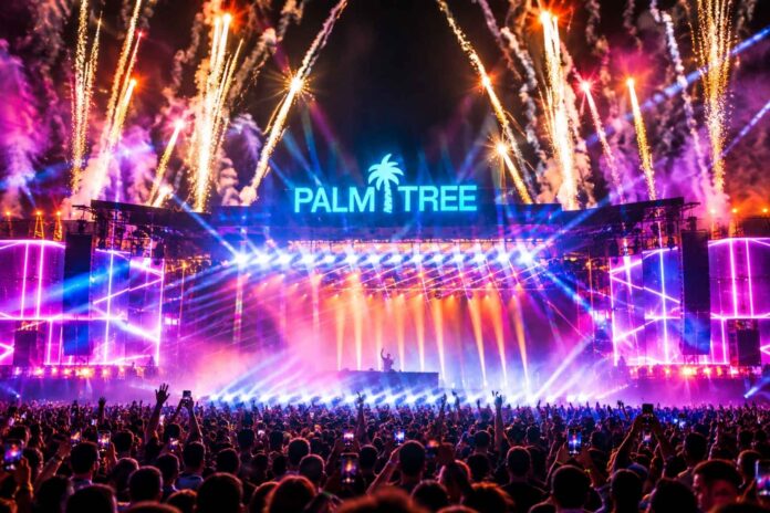 Fireworks illuminate the Palm Tree Music Festival stage and crowd in West Palm Beach, Florida.